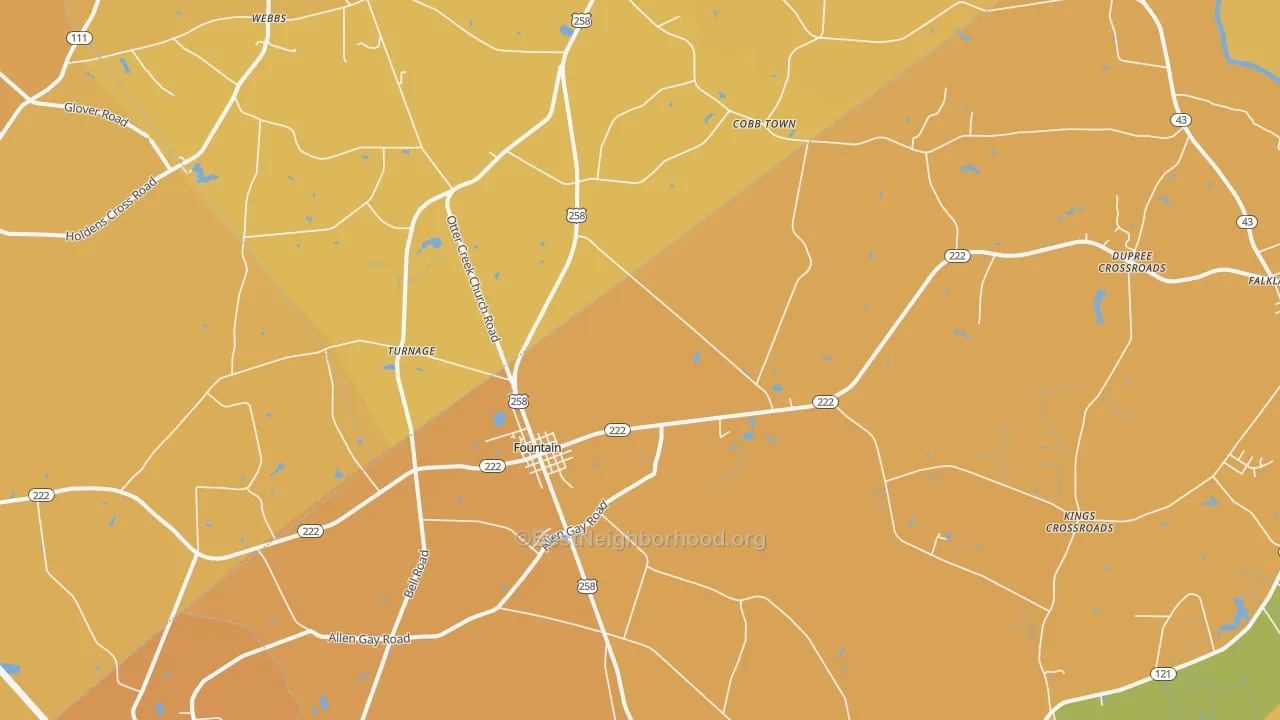 Map of the best neighborhoods in the 27829 area, with better matches in green and worse matches in red