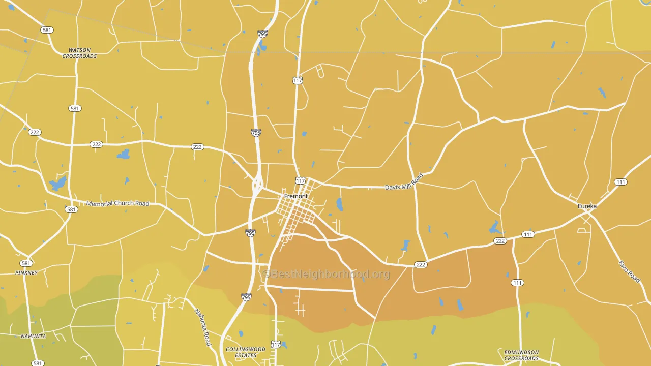 Map of the best neighborhoods in the 27830 area, with better matches in green and worse matches in red