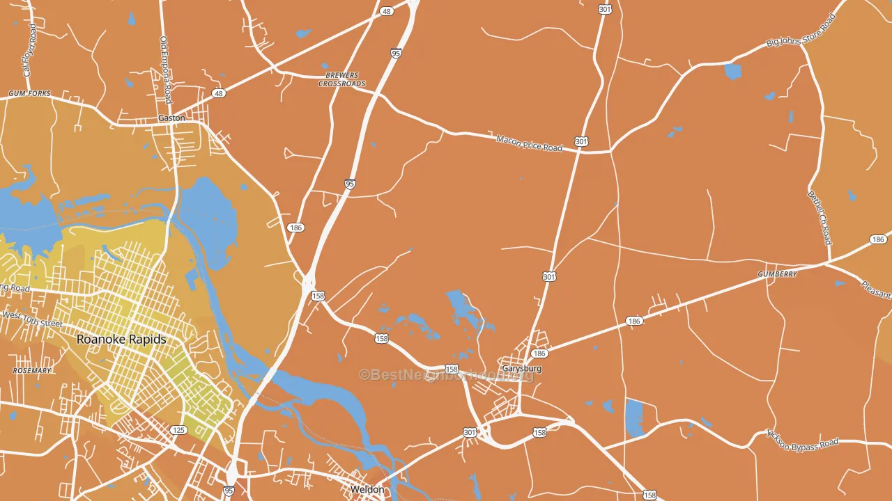 Map of the best neighborhoods in the 27831 area, with better matches in green and worse matches in red