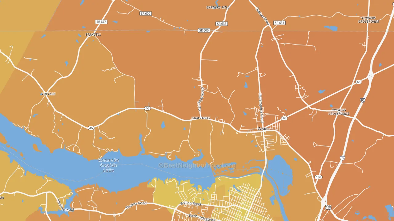 Map of the best neighborhoods in the 27832 area, with better matches in green and worse matches in red