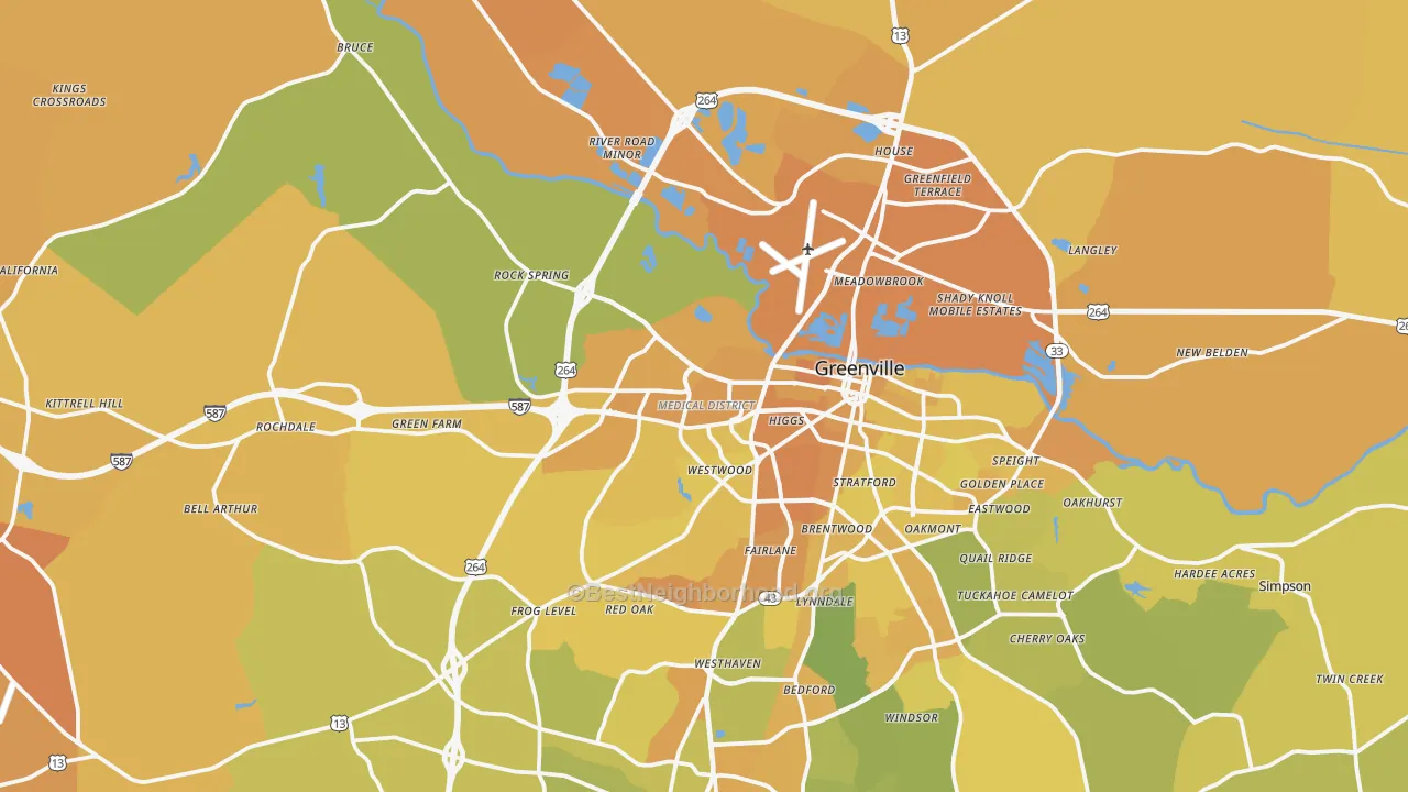 Map of the best neighborhoods in the 27834 area, with better matches in green and worse matches in red