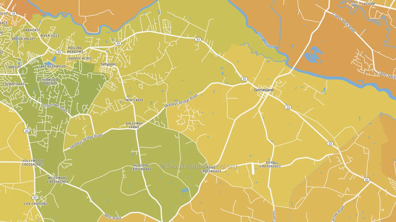 Map of the best neighborhoods in the 27837 area, with better matches in green and worse matches in red