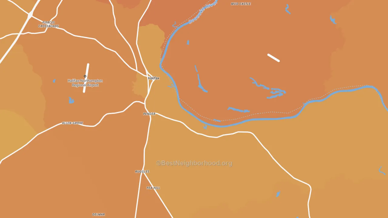 Map of the best neighborhoods in the 27839 area, with better matches in green and worse matches in red