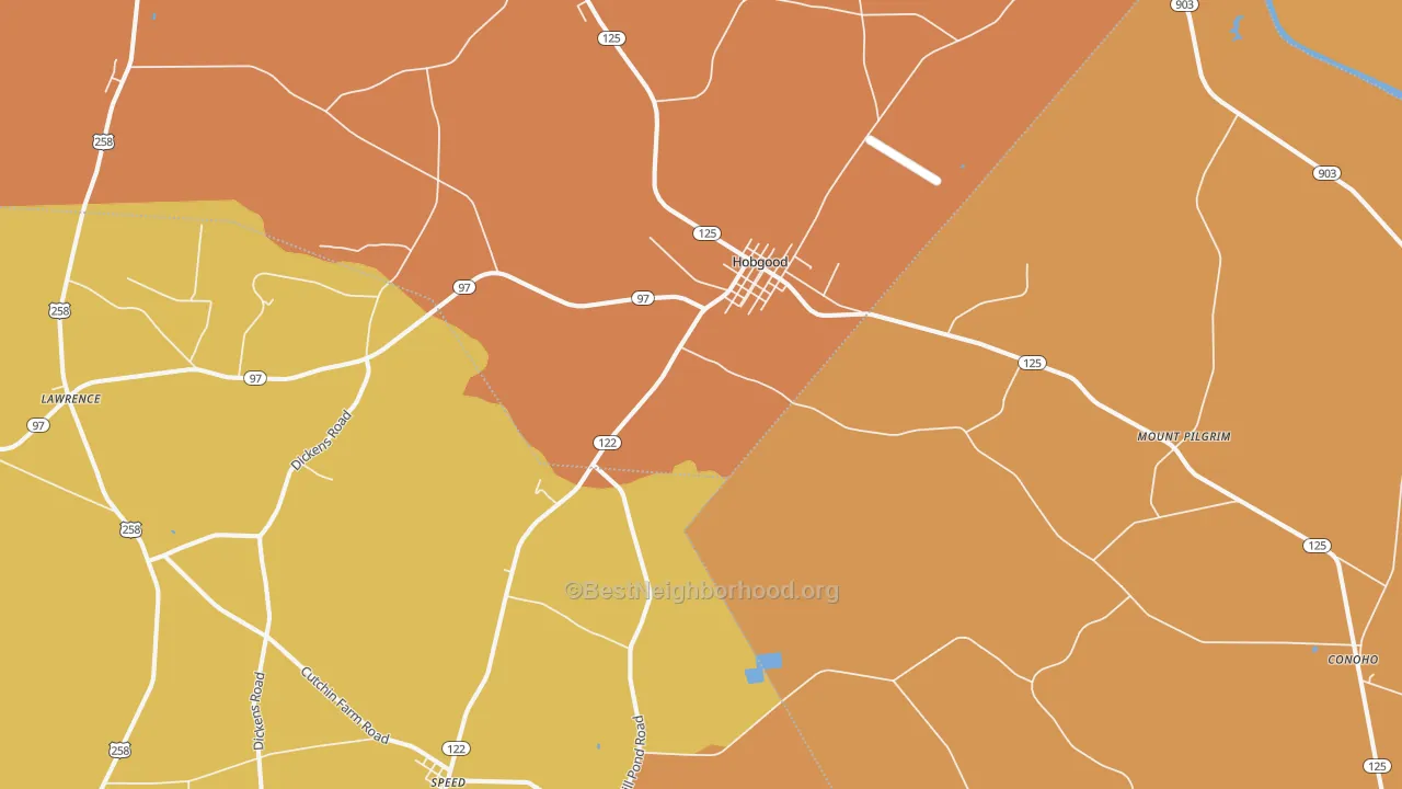 Map of the best neighborhoods in the 27843 area, with better matches in green and worse matches in red