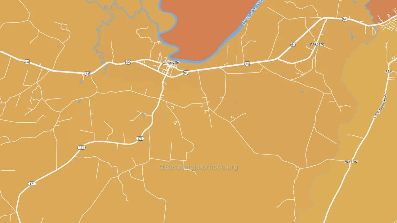 Map of the best neighborhoods in the 27846 area, with better matches in green and worse matches in red