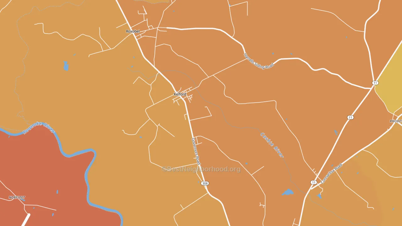 Map of the best neighborhoods in the 27847 area, with better matches in green and worse matches in red