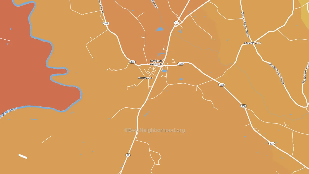Map of the best neighborhoods in the 27849 area, with better matches in green and worse matches in red