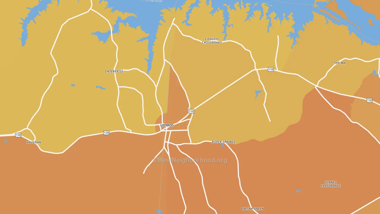 Map of the best neighborhoods in the 27850 area, with better matches in green and worse matches in red