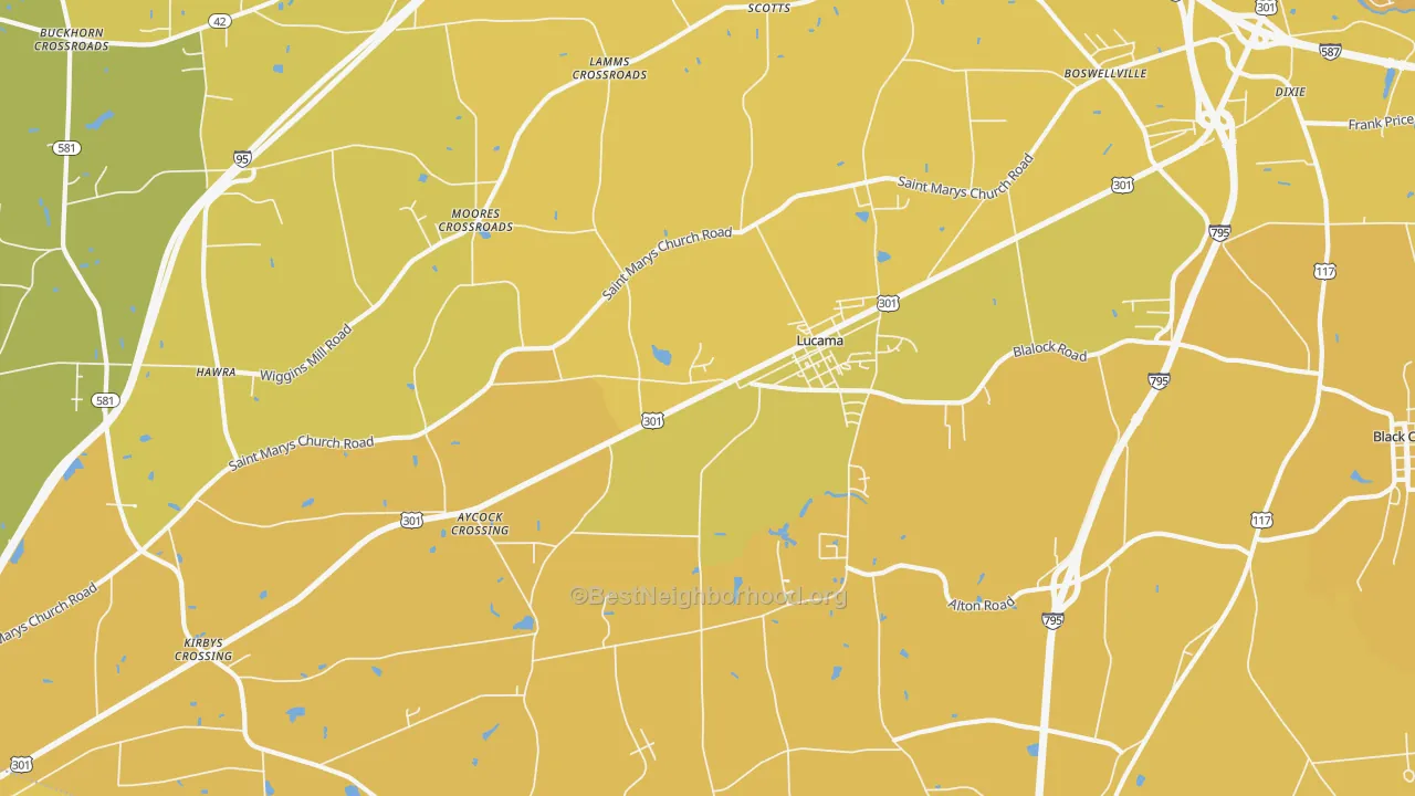 Map of the best neighborhoods in the 27851 area, with better matches in green and worse matches in red