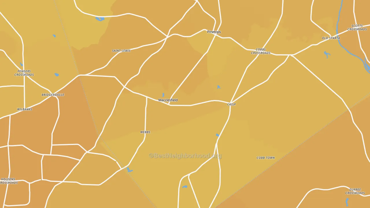 Map of the best neighborhoods in the 27852 area, with better matches in green and worse matches in red