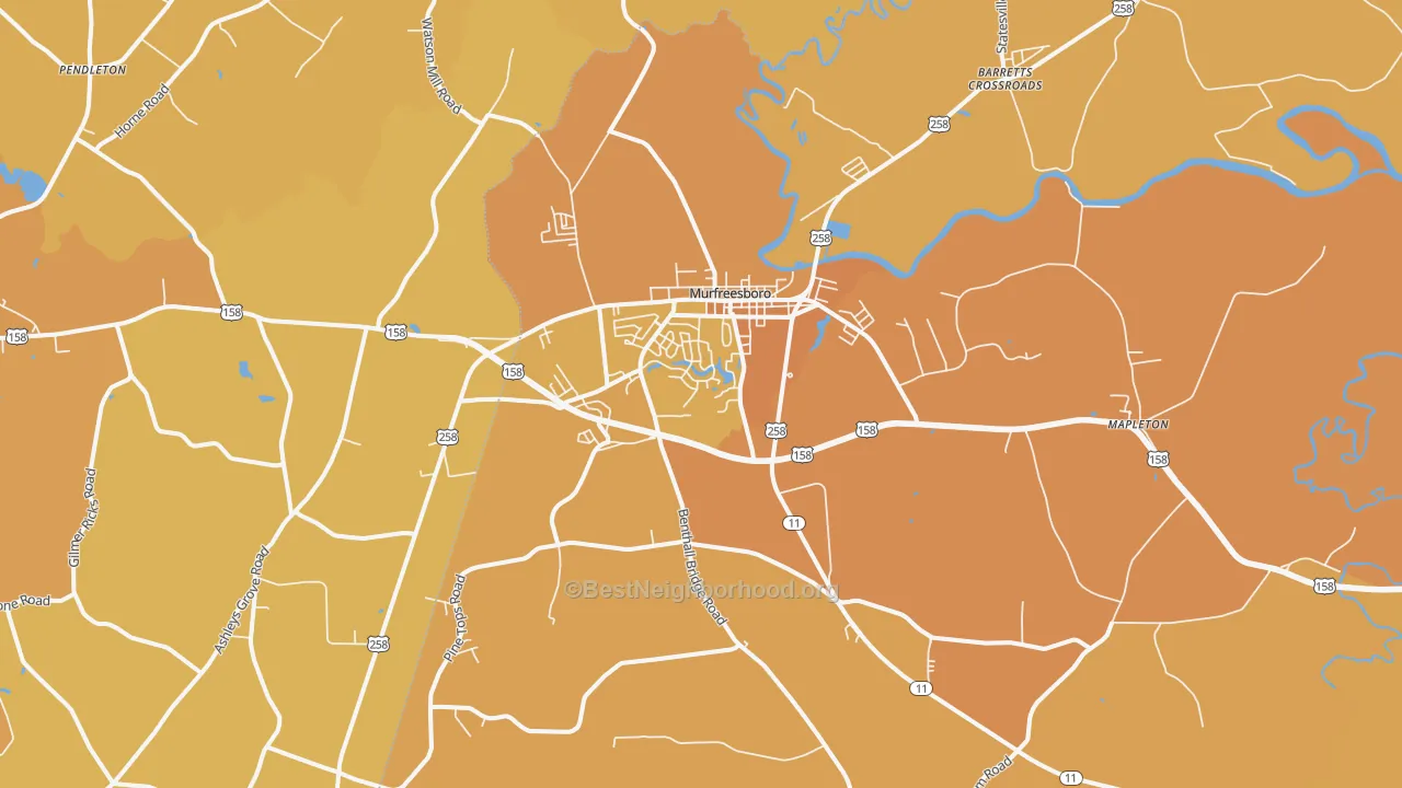 Map of the best neighborhoods in the 27855 area, with better matches in green and worse matches in red