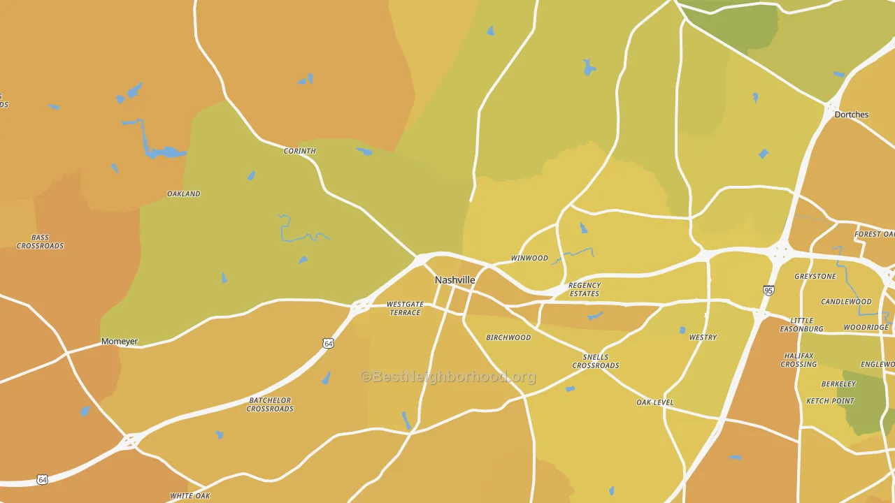 Map of the best neighborhoods in the 27856 area, with better matches in green and worse matches in red