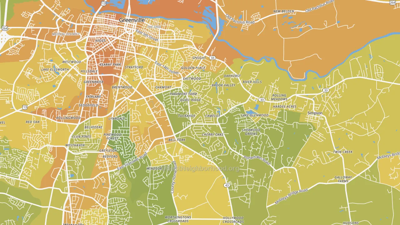 Map of the best neighborhoods in the 27858 area, with better matches in green and worse matches in red