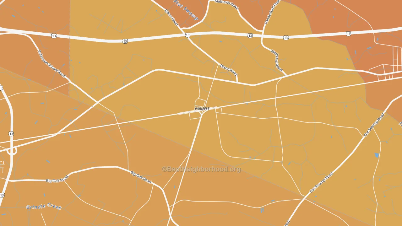 Map of the best neighborhoods in the 27861 area, with better matches in green and worse matches in red