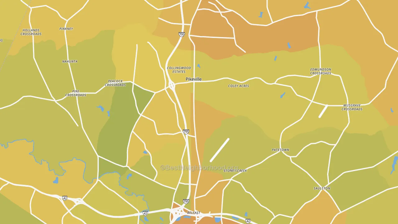 Map of the best neighborhoods in the 27863 area, with better matches in green and worse matches in red
