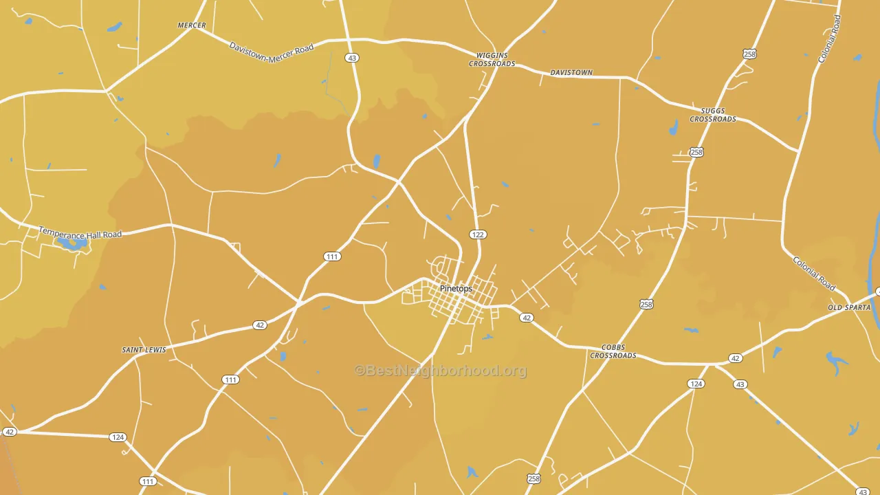Map of the best neighborhoods in the 27864 area, with better matches in green and worse matches in red
