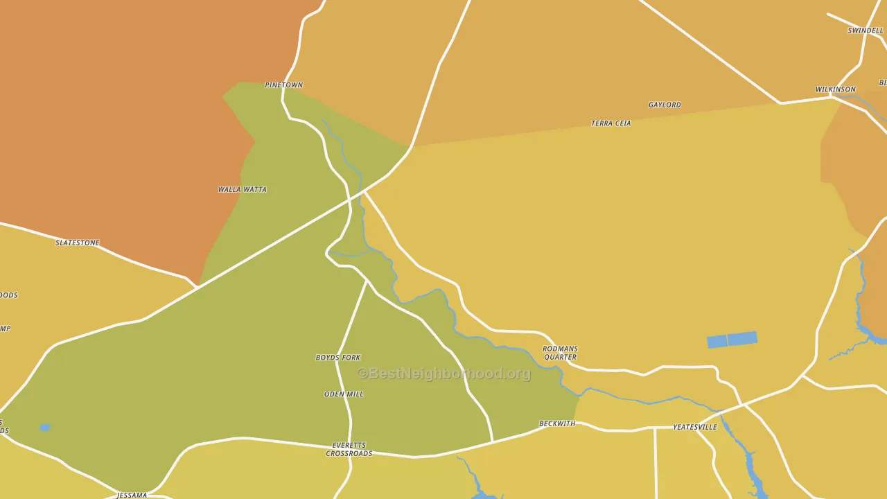 Map of the best neighborhoods in the 27865 area, with better matches in green and worse matches in red