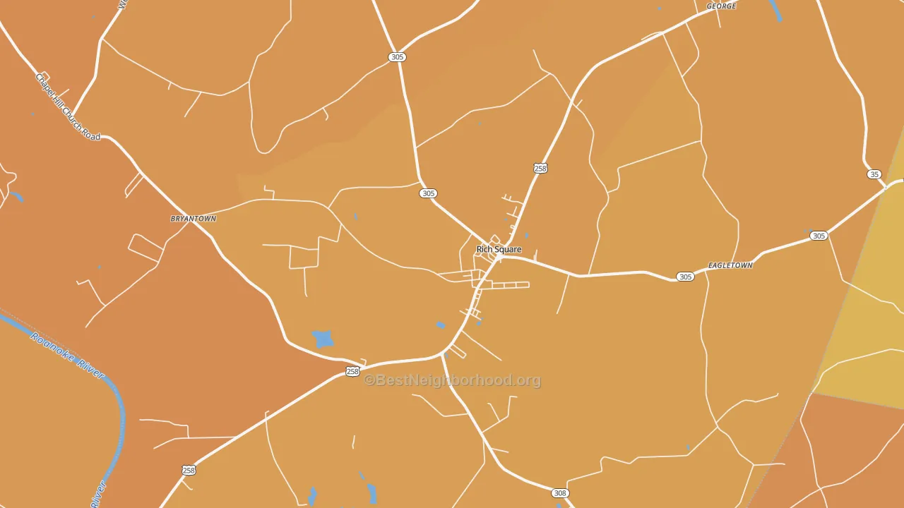 Map of the best neighborhoods in the 27869 area, with better matches in green and worse matches in red
