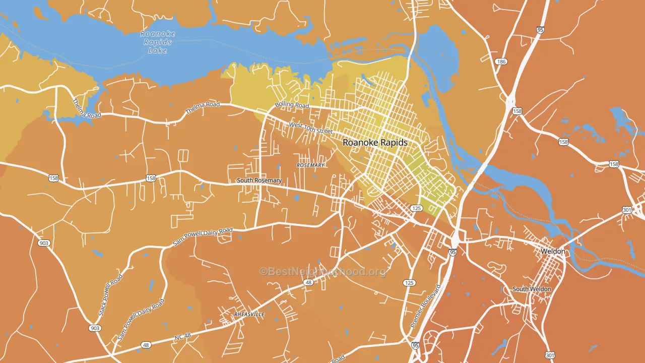 Map of the best neighborhoods in the 27870 area, with better matches in green and worse matches in red