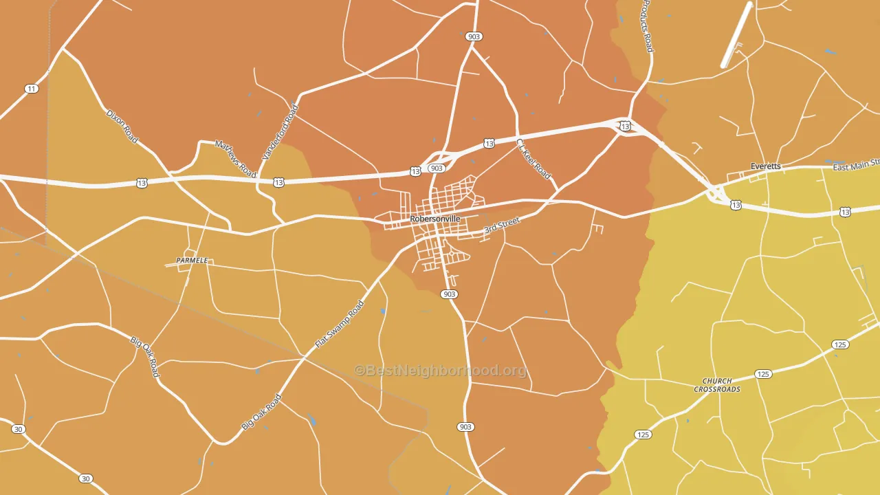 Map of the best neighborhoods in the 27871 area, with better matches in green and worse matches in red