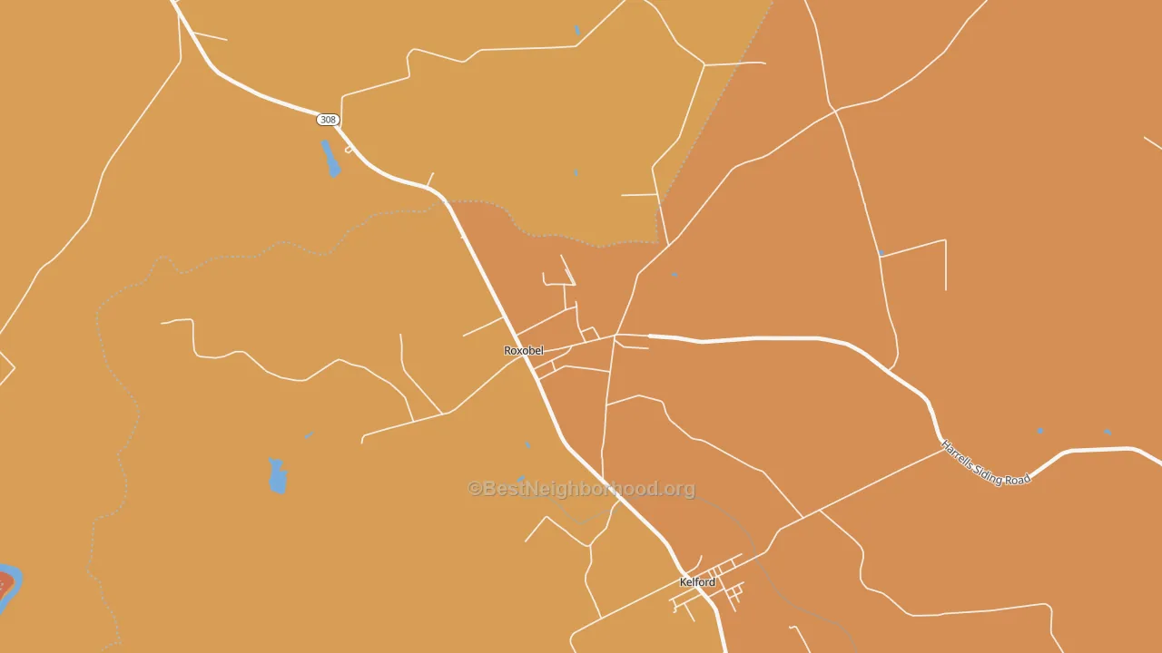 Map of the best neighborhoods in the 27872 area, with better matches in green and worse matches in red