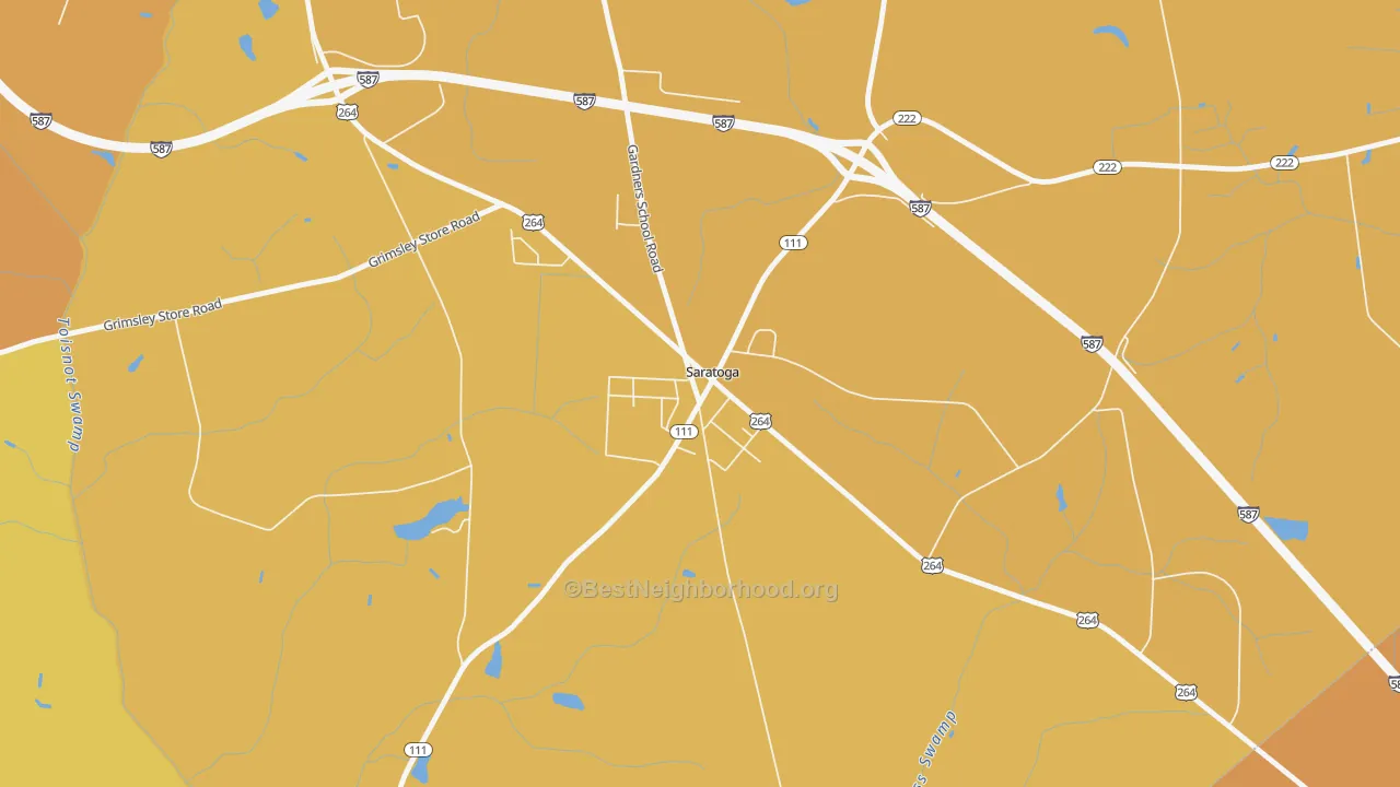 Map of the best neighborhoods in the 27873 area, with better matches in green and worse matches in red