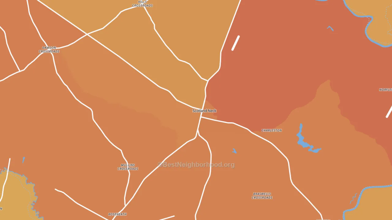 Map of the best neighborhoods in the 27874 area, with better matches in green and worse matches in red