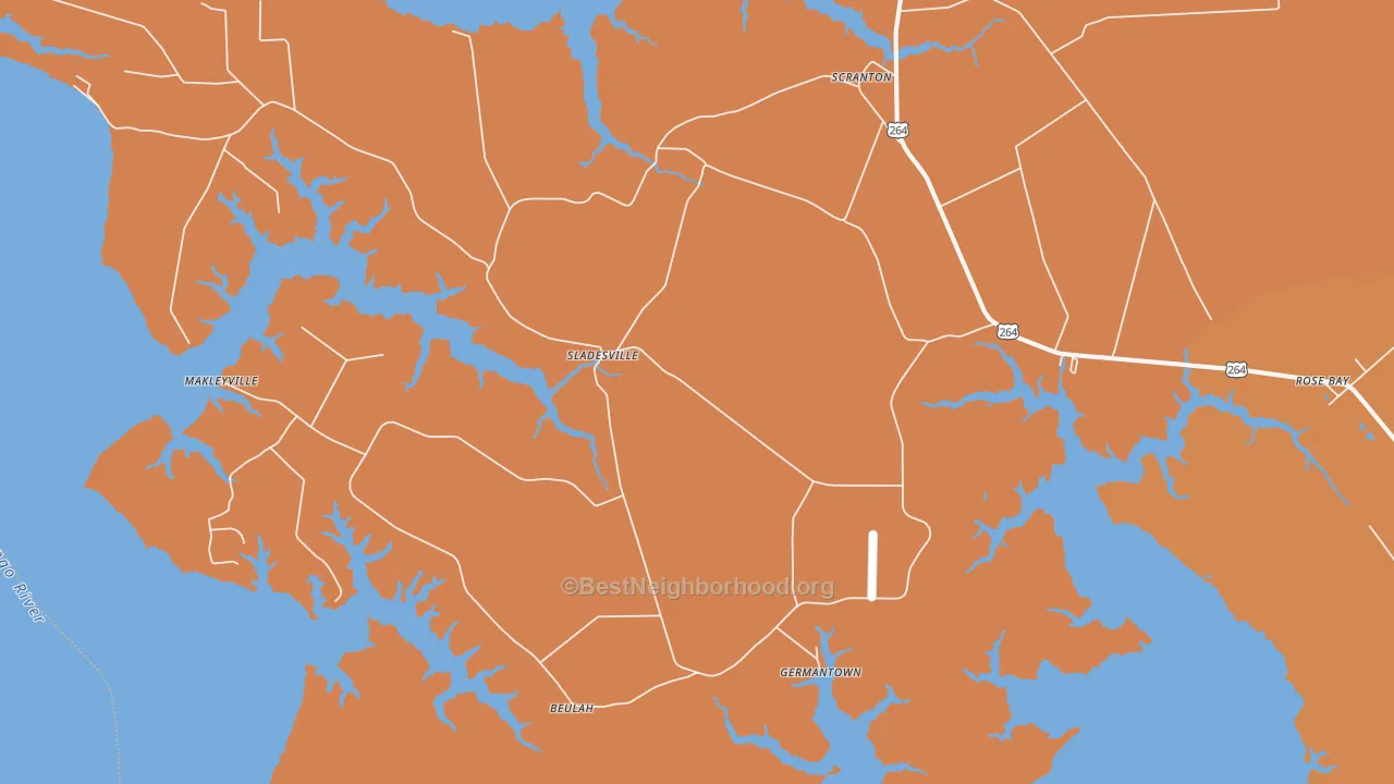 Map of the best neighborhoods in the 27875 area, with better matches in green and worse matches in red