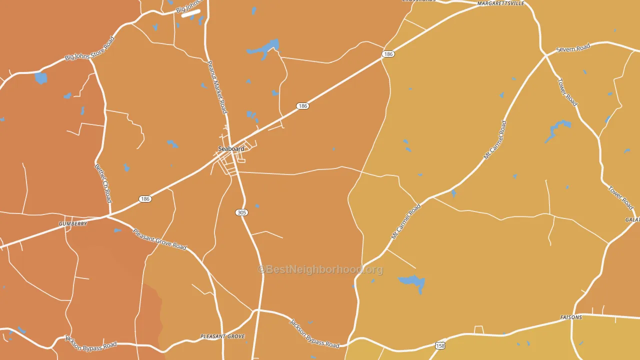 Map of the best neighborhoods in the 27876 area, with better matches in green and worse matches in red