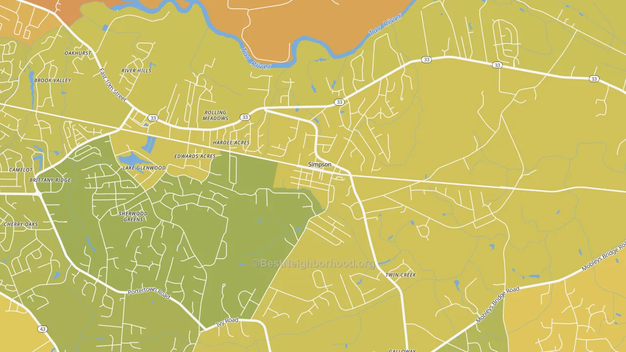Map of the best neighborhoods in the 27879 area, with better matches in green and worse matches in red