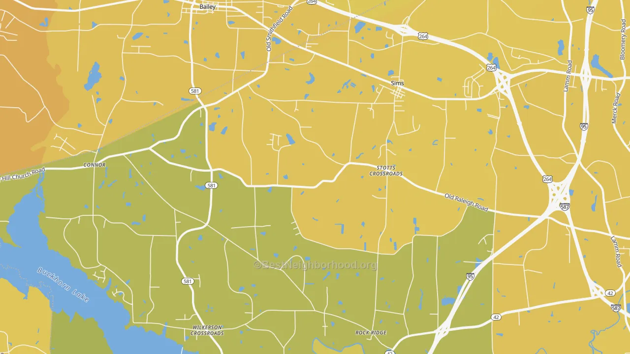 Map of the best neighborhoods in the 27880 area, with better matches in green and worse matches in red