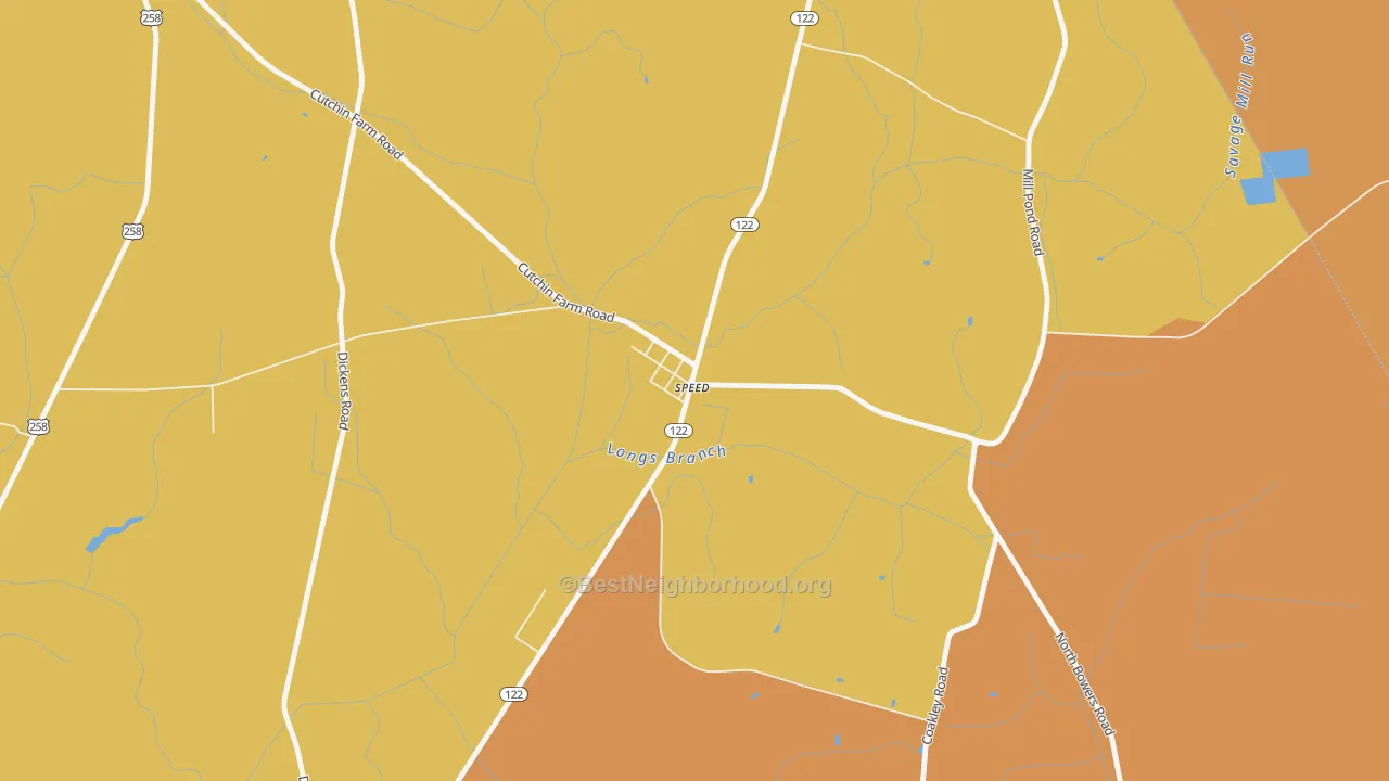 Map of the best neighborhoods in the 27881 area, with better matches in green and worse matches in red