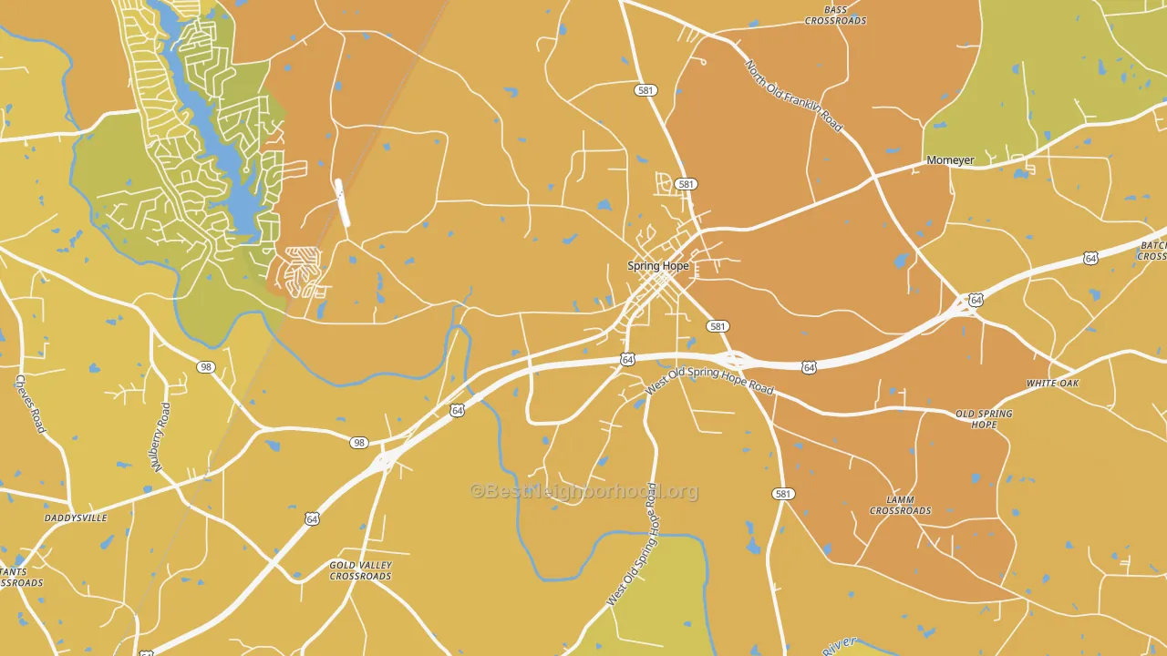 Map of the best neighborhoods in the 27882 area, with better matches in green and worse matches in red