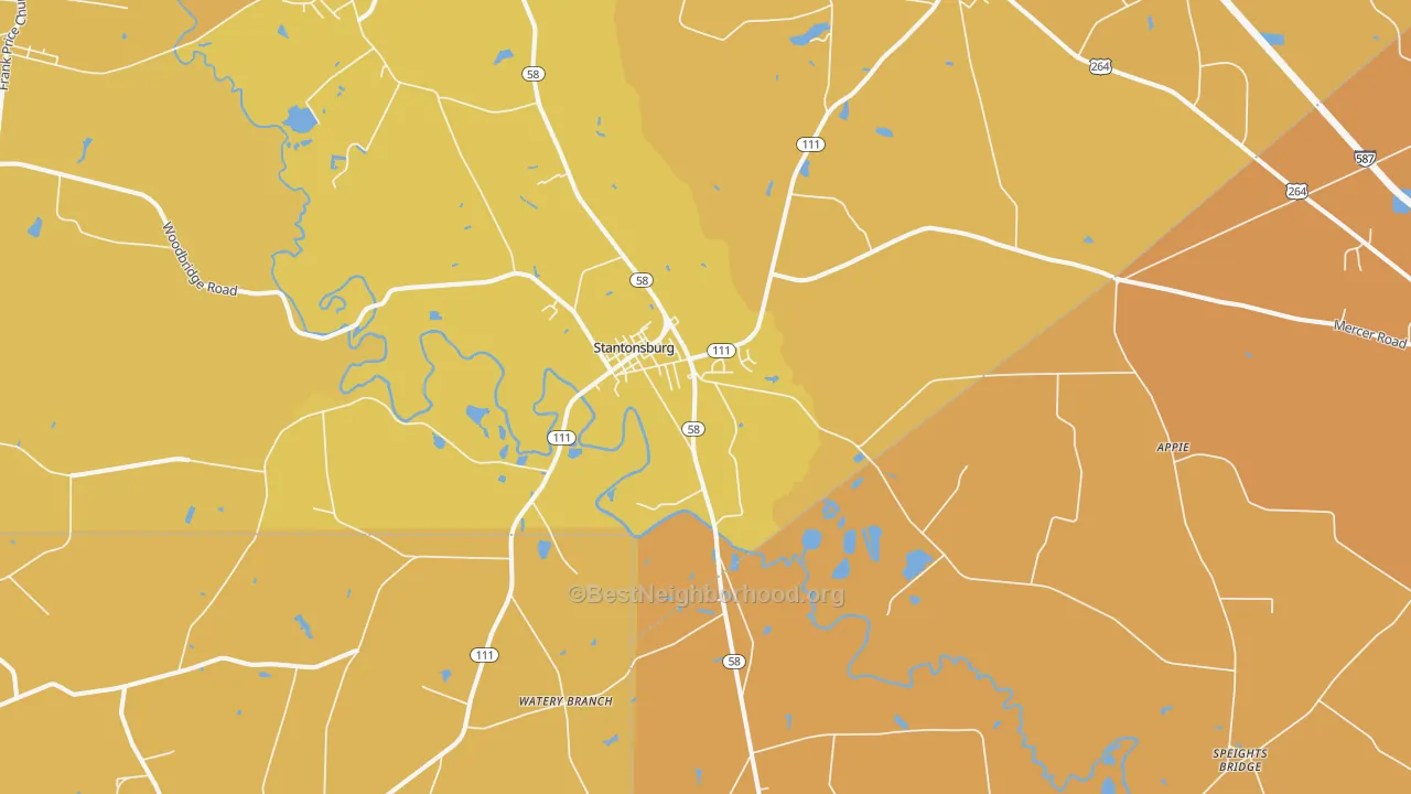 Map of the best neighborhoods in the 27883 area, with better matches in green and worse matches in red