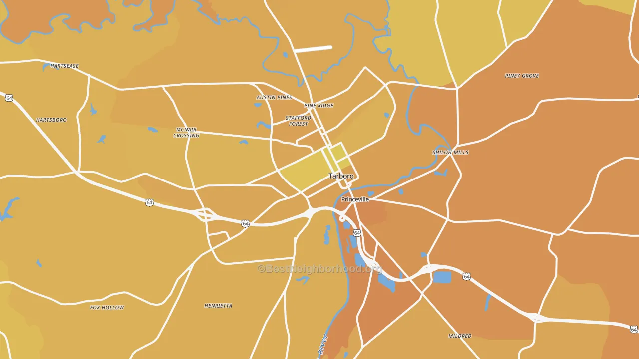 Map of the best neighborhoods in the 27886 area, with better matches in green and worse matches in red
