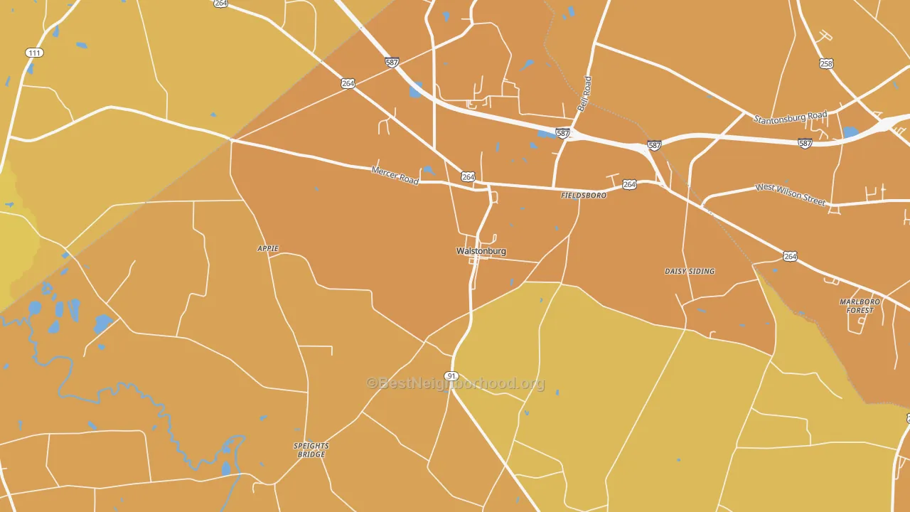 Map of the best neighborhoods in the 27888 area, with better matches in green and worse matches in red