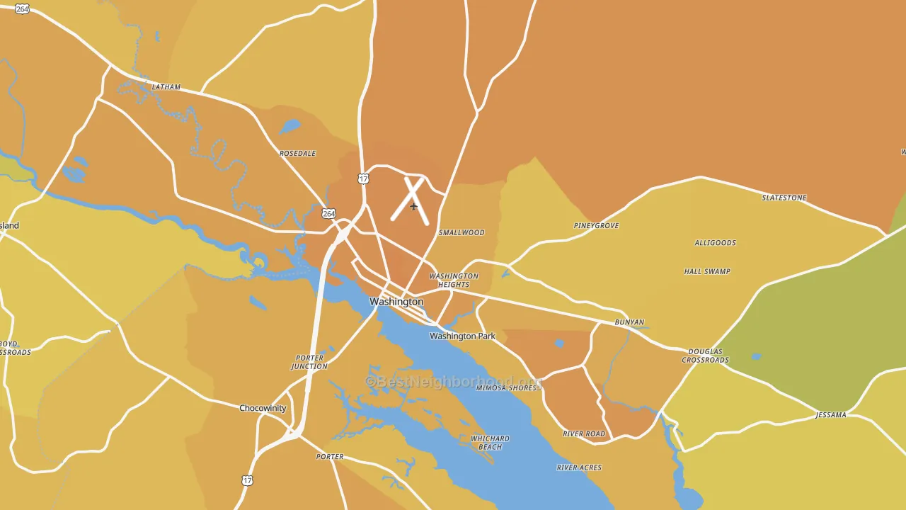 Map of the best neighborhoods in the 27889 area, with better matches in green and worse matches in red