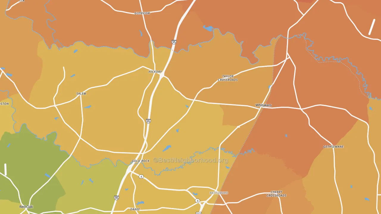 Map of the best neighborhoods in the 27891 area, with better matches in green and worse matches in red