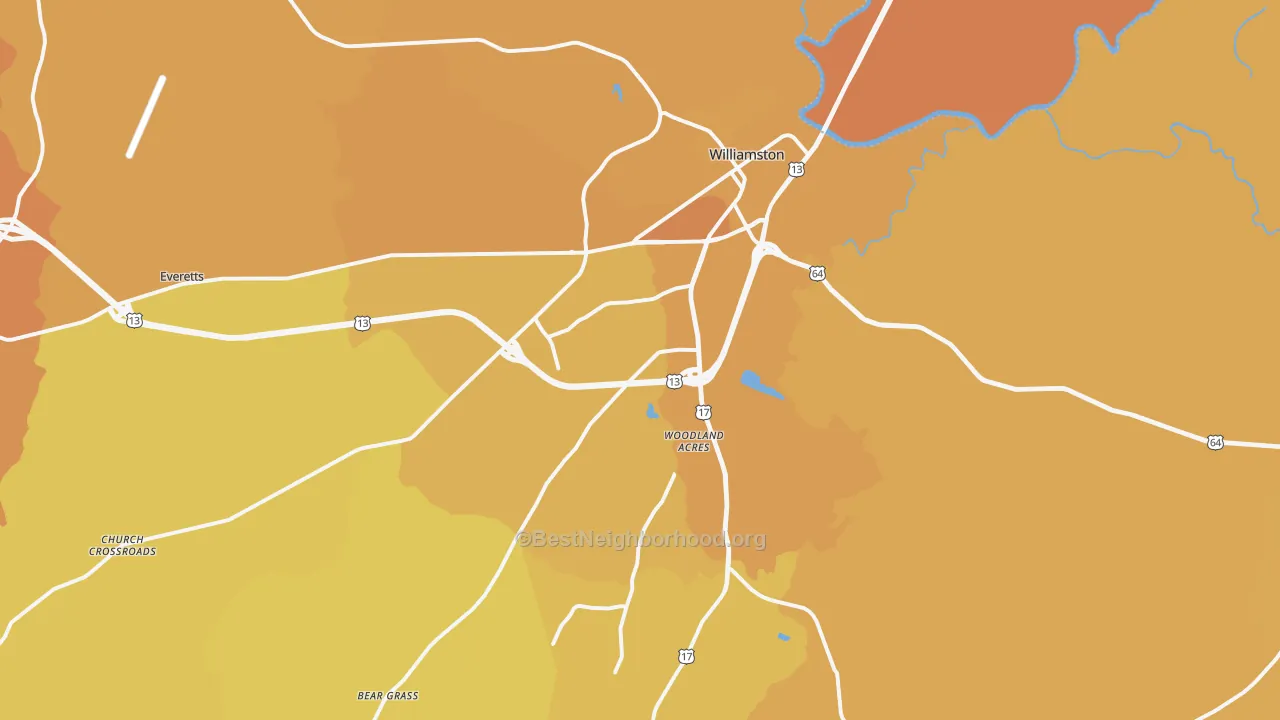 Map of the best neighborhoods in the 27892 area, with better matches in green and worse matches in red