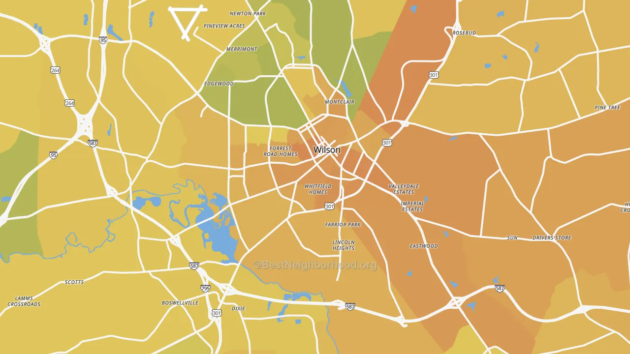 Map of the best neighborhoods in the 27893 area, with better matches in green and worse matches in red