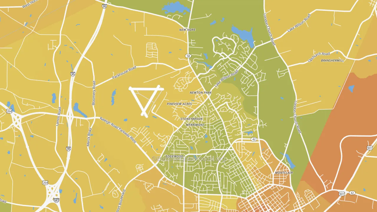 Map of the best neighborhoods in the 27896 area, with better matches in green and worse matches in red