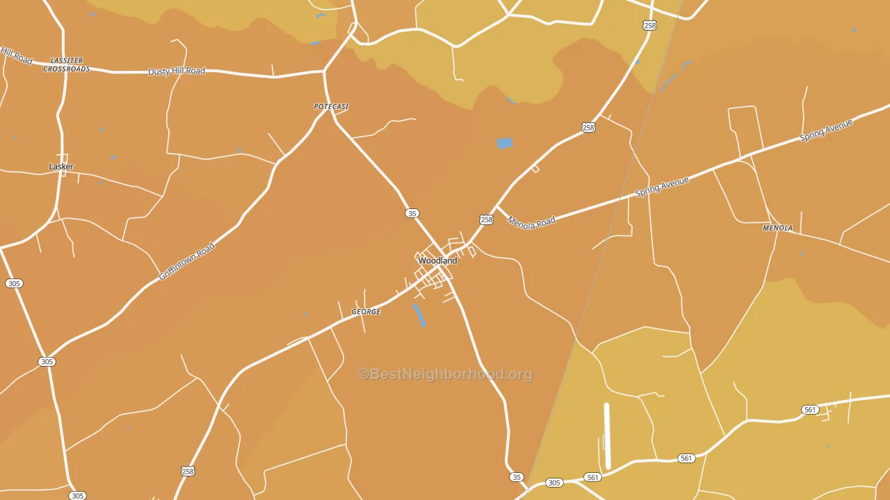 Map of the best neighborhoods in the 27897 area, with better matches in green and worse matches in red