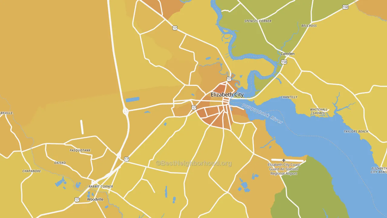 Map of the best neighborhoods in the 27909 area, with better matches in green and worse matches in red