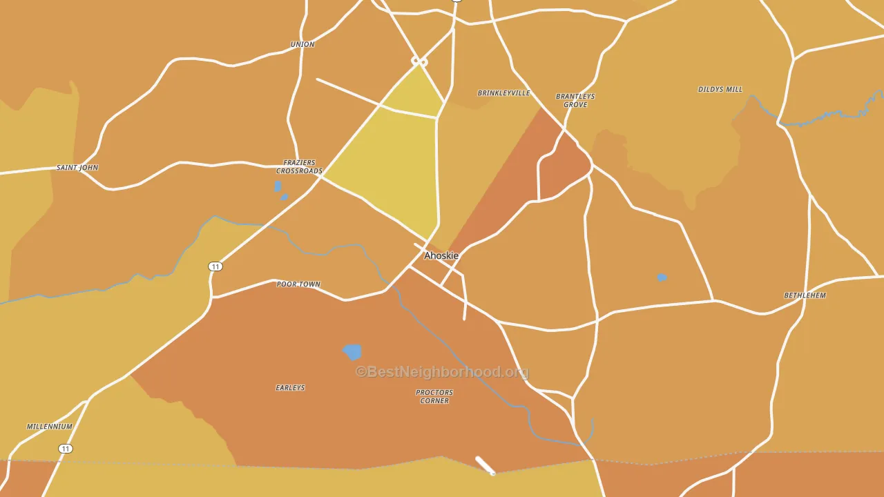 Map of the best neighborhoods in the 27910 area, with better matches in green and worse matches in red