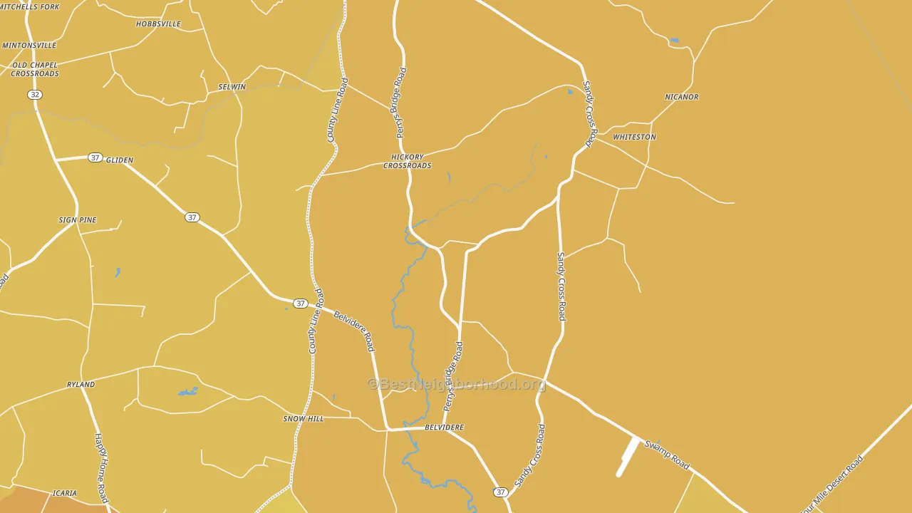 Map of the best neighborhoods in the 27919 area, with better matches in green and worse matches in red