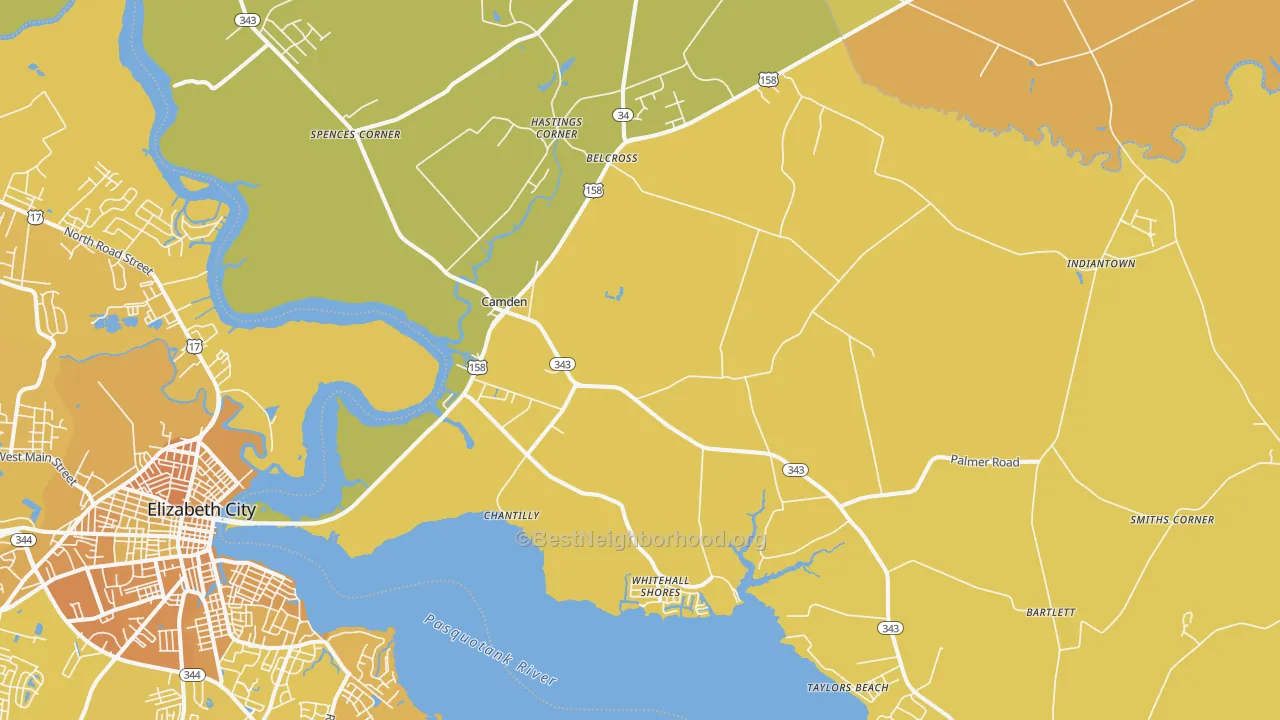 Map of the best neighborhoods in the 27921 area, with better matches in green and worse matches in red