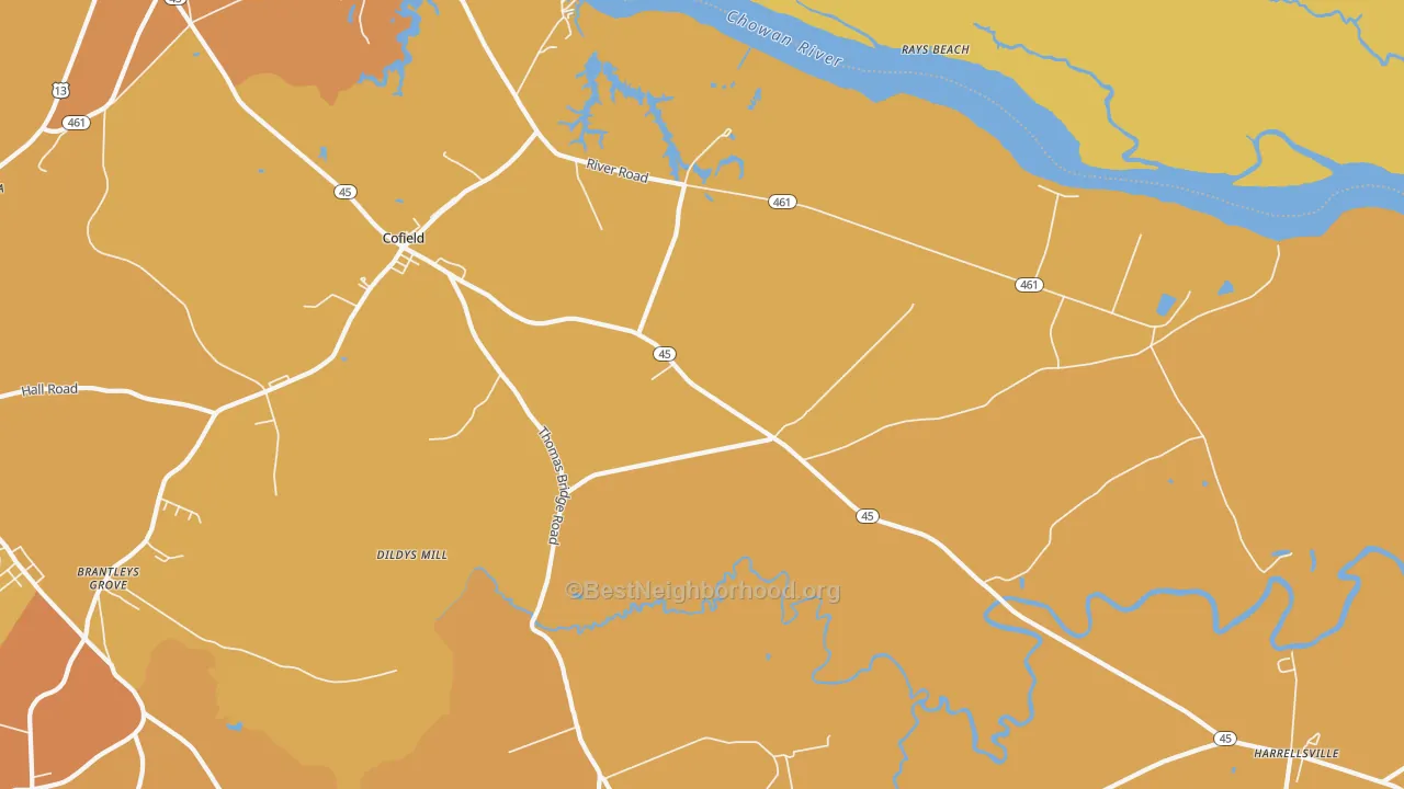 Map of the best neighborhoods in the 27922 area, with better matches in green and worse matches in red