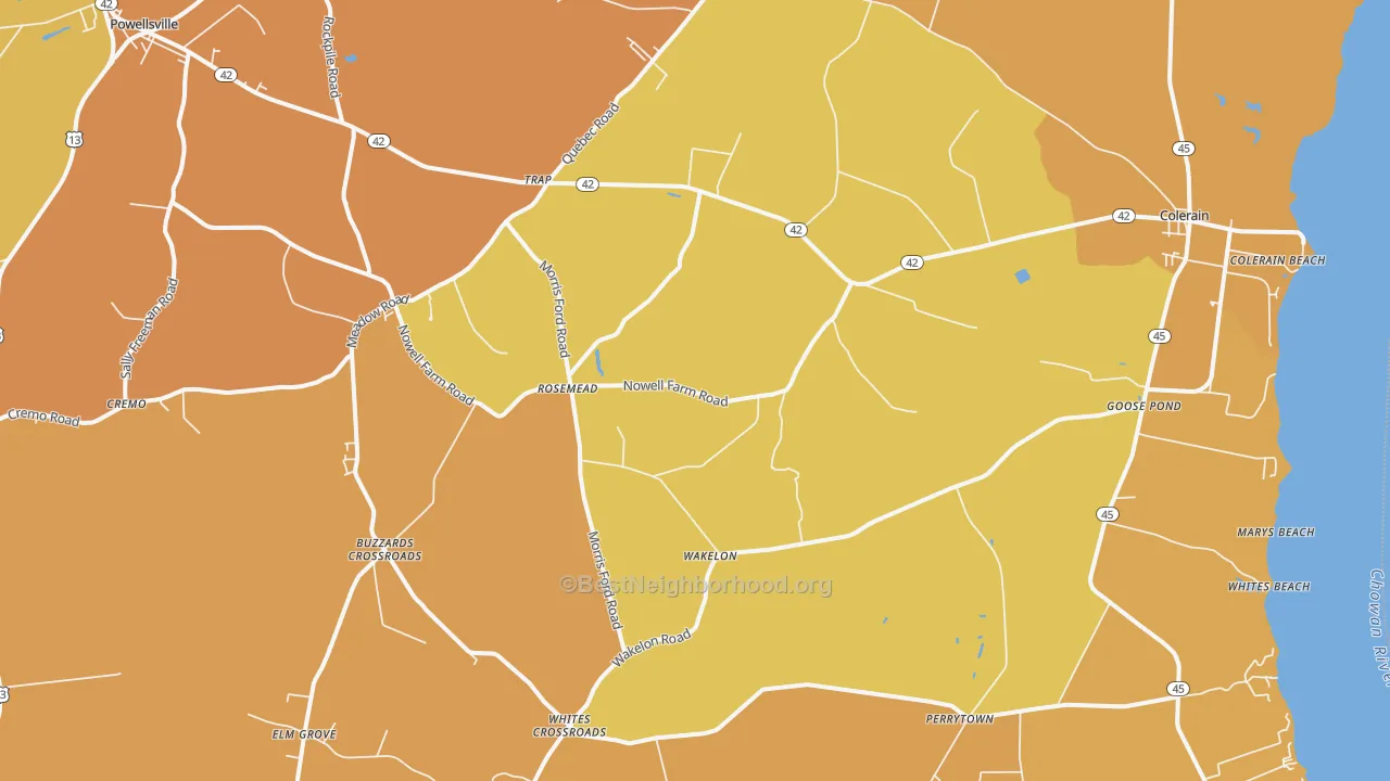 Map of the best neighborhoods in the 27924 area, with better matches in green and worse matches in red