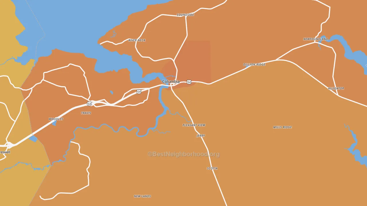 Map of the best neighborhoods in the 27925 area, with better matches in green and worse matches in red