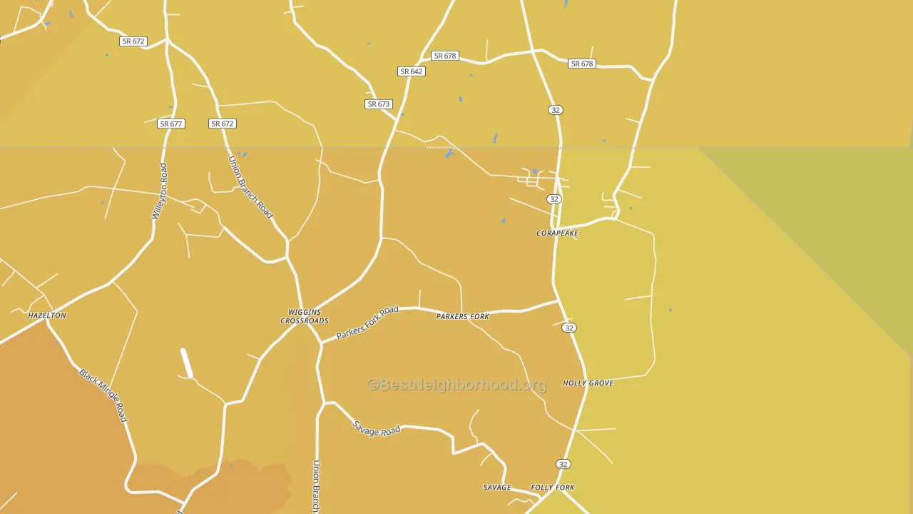 Map of the best neighborhoods in the 27926 area, with better matches in green and worse matches in red